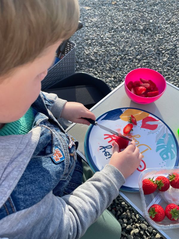 Little boy cutting up strawberries outdoors.
